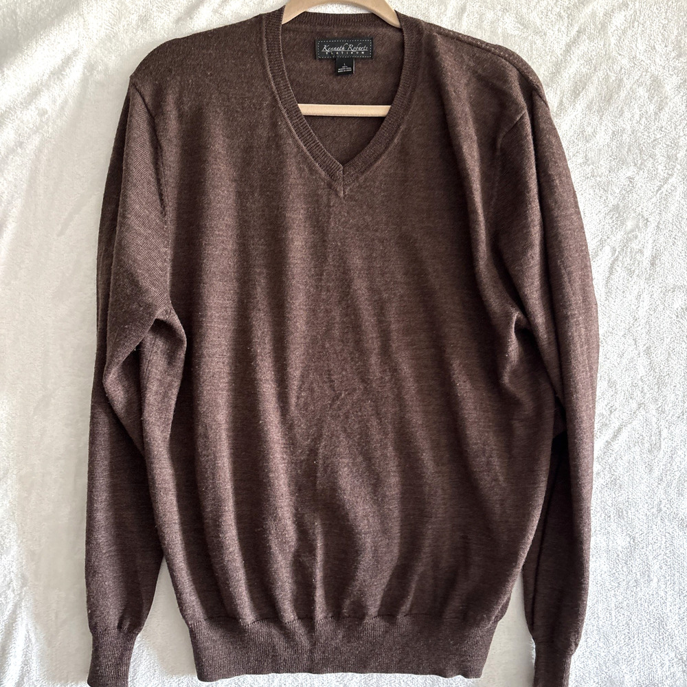 Kenneth Roberts Platinum Merino Wool Sweater Large V-Neck Brown Mocha Mousse